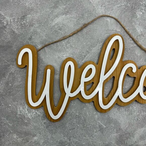 NWT Welcome Sign Front Door Wall Hanging Decor Minimalist White Brown - Picture 4 of 11